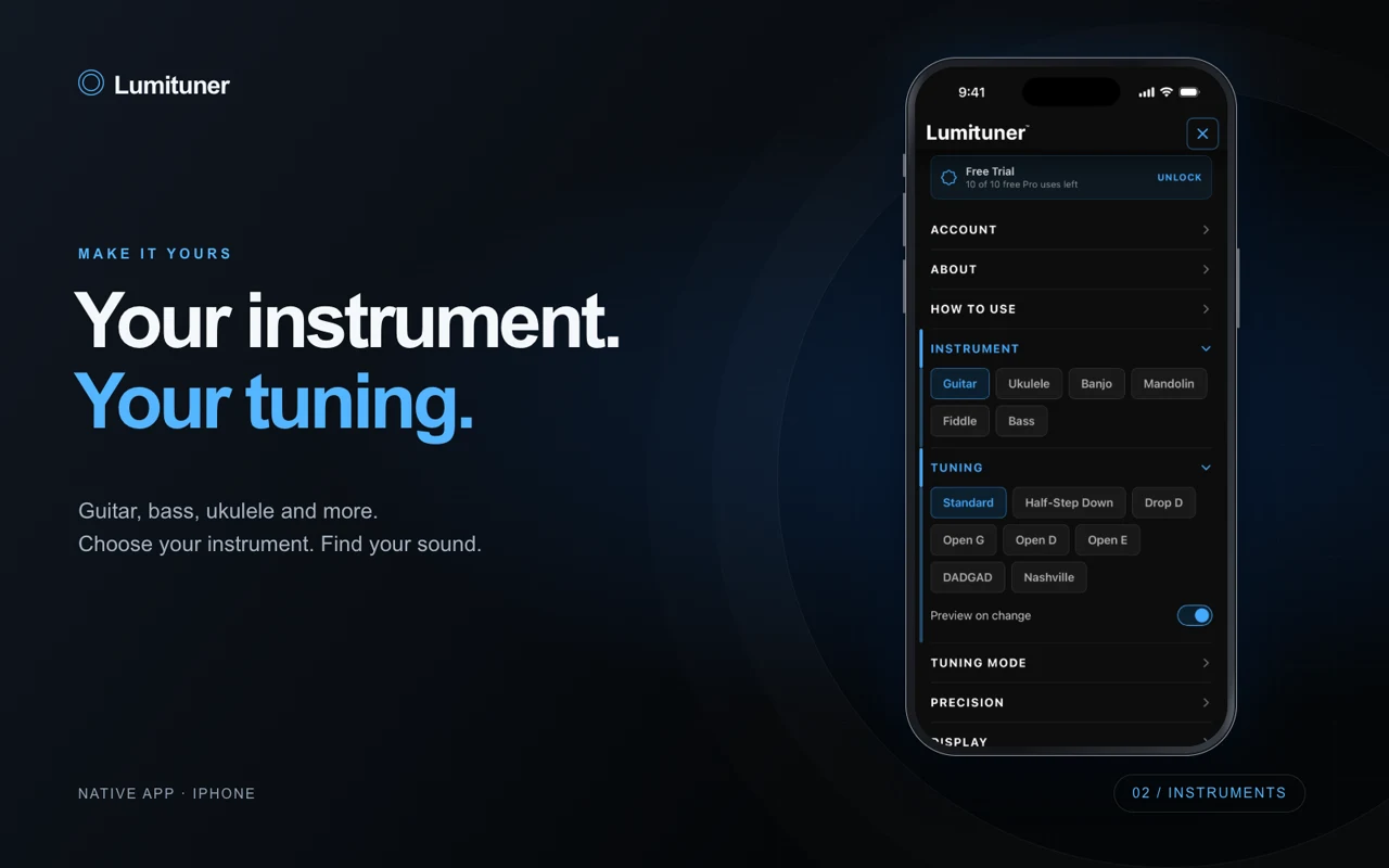 Lumituner native iPhone instrument and tuning selection screen