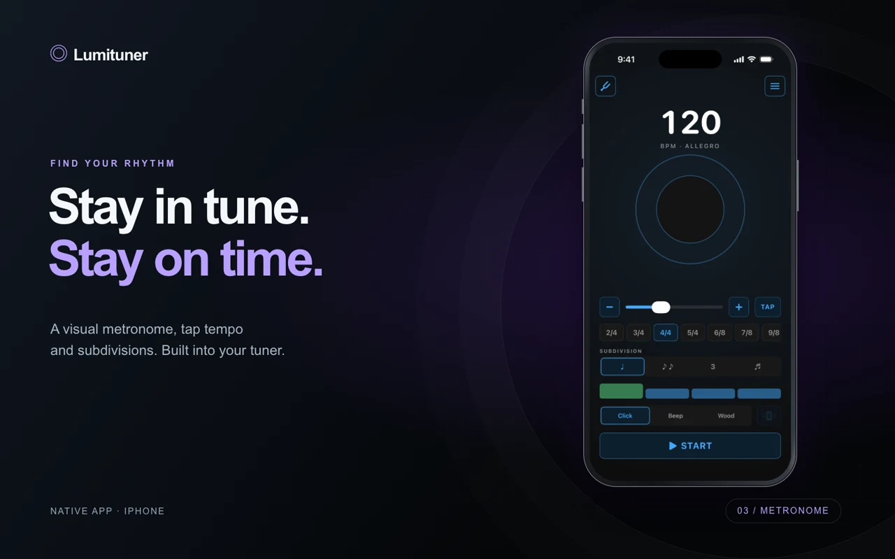 Lumituner native iPhone visual metronome at 120 beats per minute