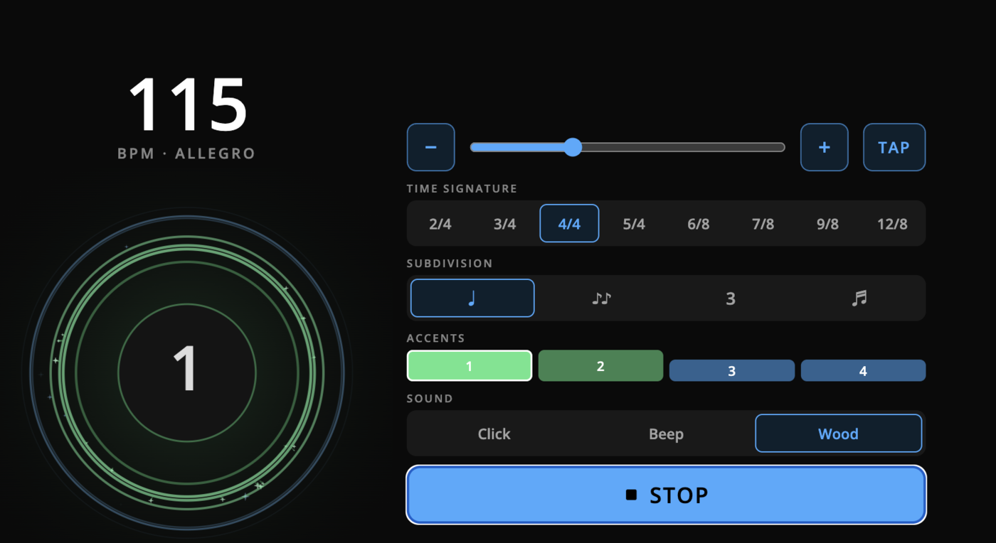 Lumituner metronome showing 115 BPM, 4/4 time, quarter-note subdivision, beat accents, and wood sound