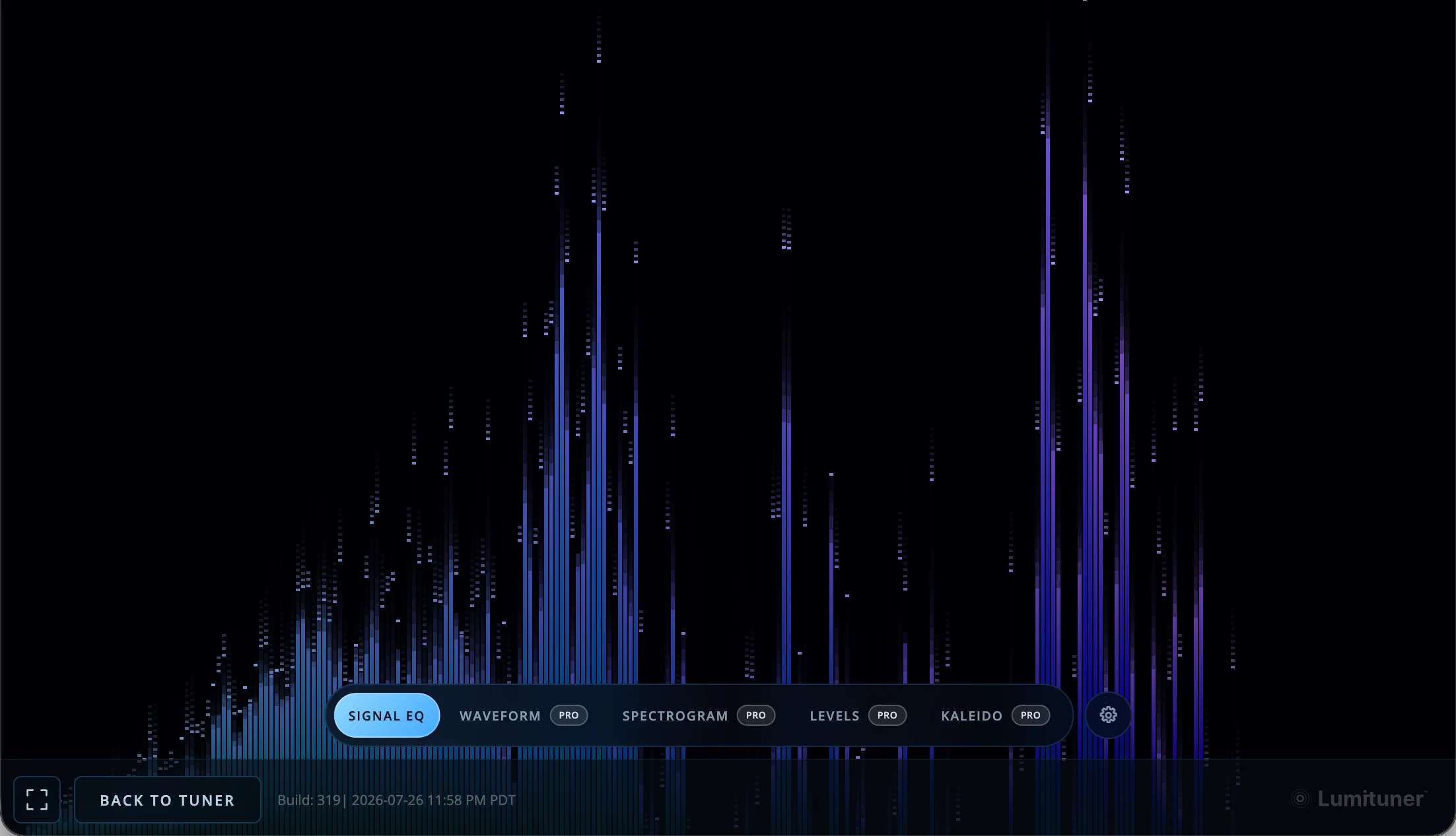 Lumituner Signal EQ visualizer showing responsive frequency bars