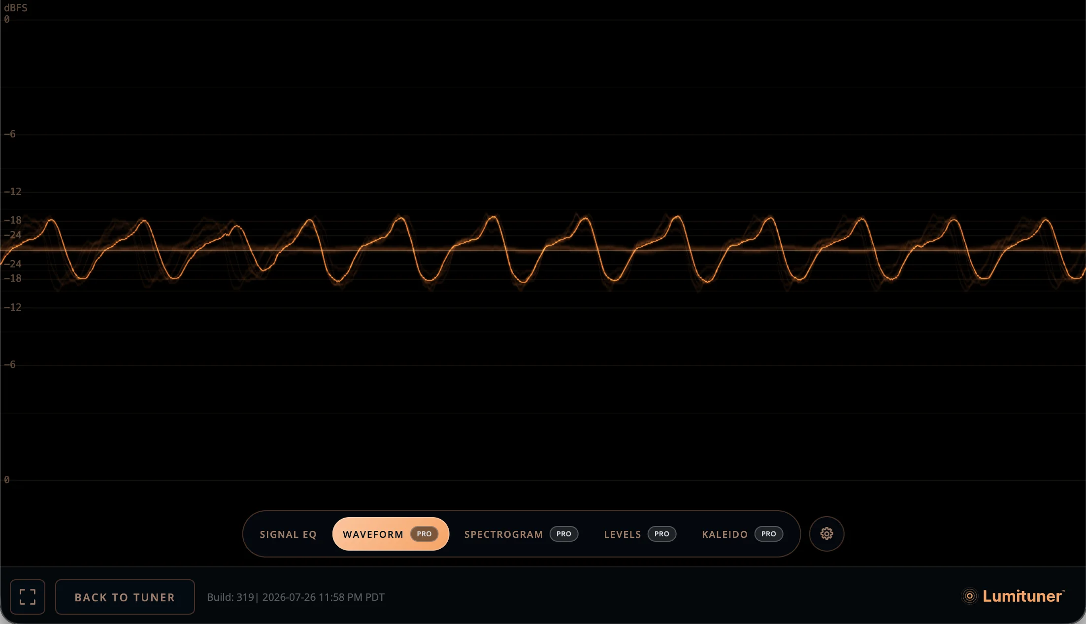 Lumituner Waveform visualizer showing the live audio signal
