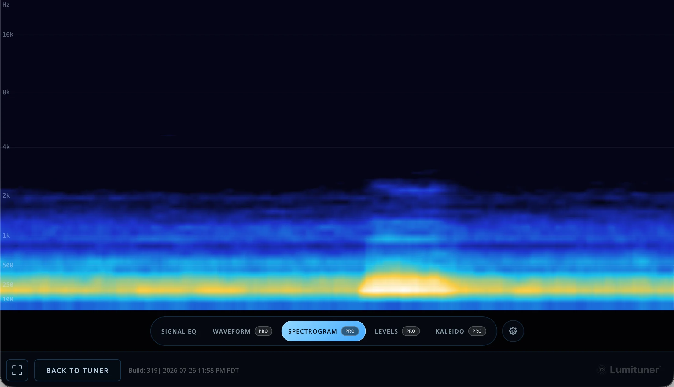 Lumituner Spectrogram visualizer showing pitch energy and overtones