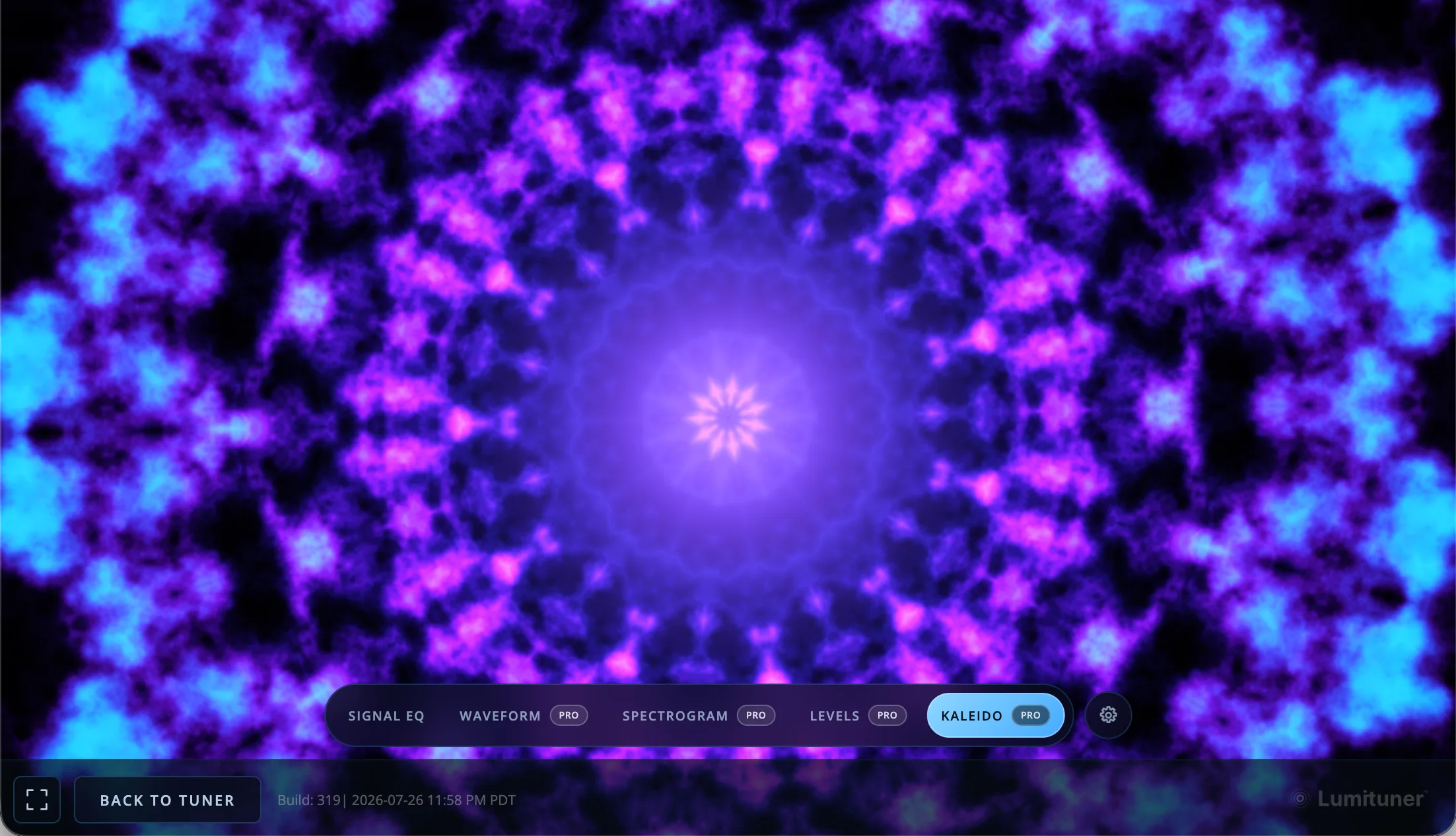 Lumituner Kaleido visualizer turning the live signal into a radial pattern